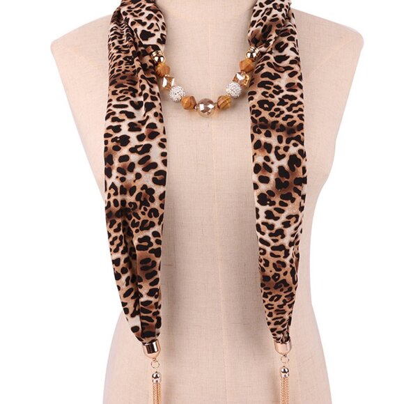2/$30 Brown Leopard Print Scarf Necklace with Beaded Chain Tassel Pendant - Picture 5 of 5